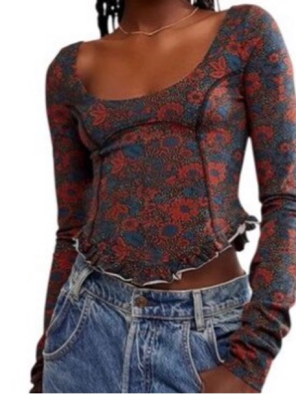 Free People Teal and Rust Floral Long Sleeve Cropped Top with Crossback - Picture 8 of 8